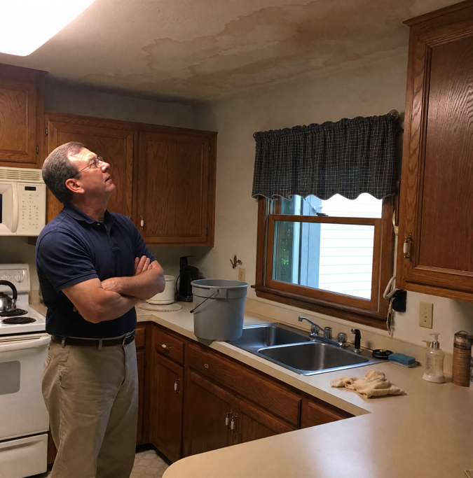 Homeowner inspecting water damage on kitchen ceiling