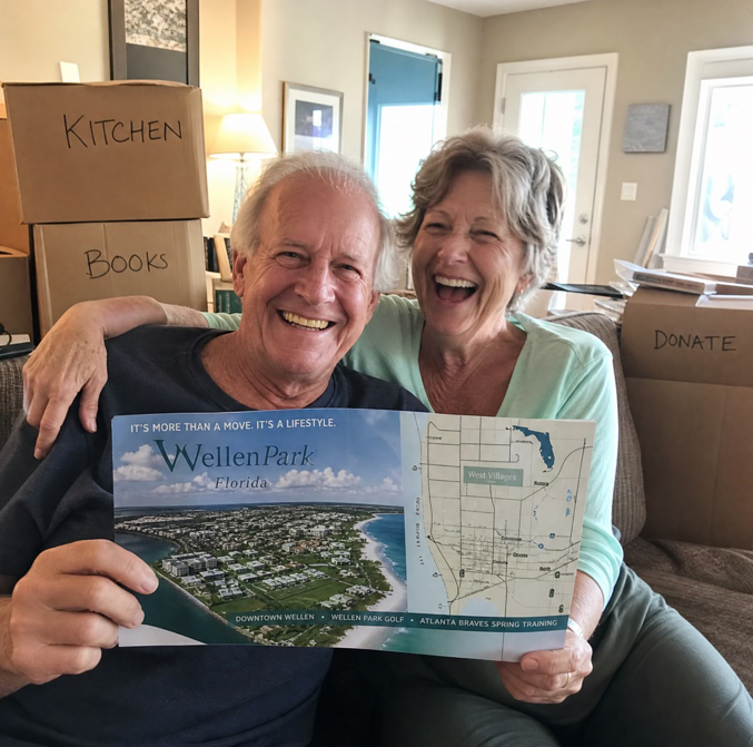 Couple excitedly holding a map of their new Florida town
