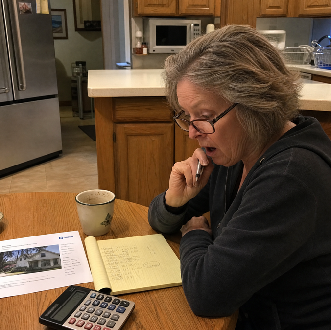 A homeowner at her kitchen table doing the math on a listing